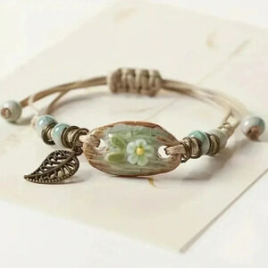 Pretty Nature Leaf Flower Beaded Slider Bracelet NEW